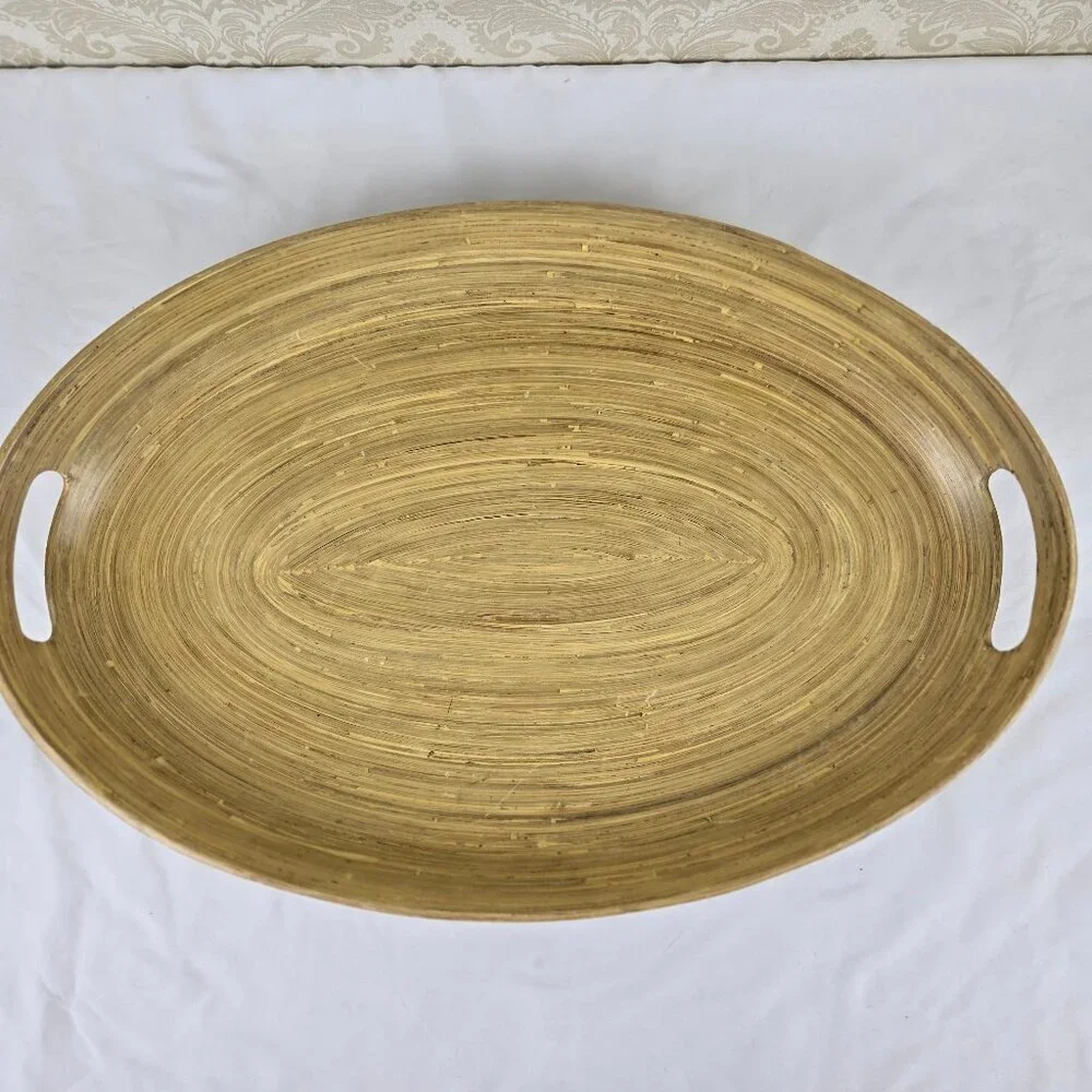 ADV Accents de Ville 100% Lacquered Bamboo Oval Tray Cutout Handles Vietnam